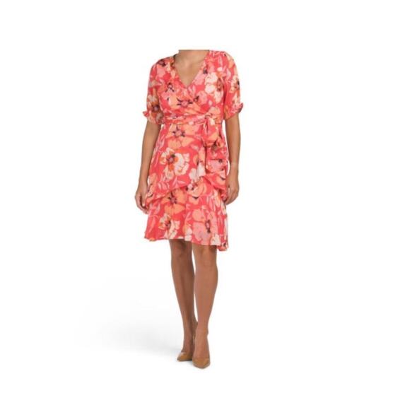 NWT Tahari ASL Floral Pleated Ruffle Faux Wrap Dress Size 10 - Picture 1 of 6